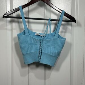 Zara Knit Crop Top Women S Blue Ribbed Lace-Up Y2K Sleeveless Coastal Resort